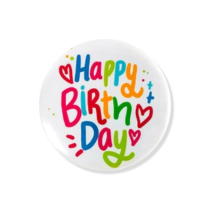 White Happy Birthday tinplate badge with colorful lettering and soft drop shadow