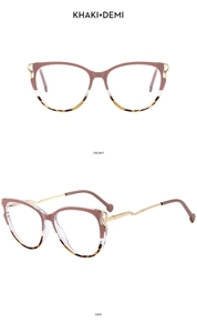 Front and side view of cat-eye TR90 glasses in khaki and demi finish with gold temples