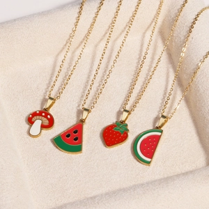 Watermelon Strawberry Mushroom Fruit Pendant Necklace Titanium Steel Enamel Sweet Fresh Jewelry For Women