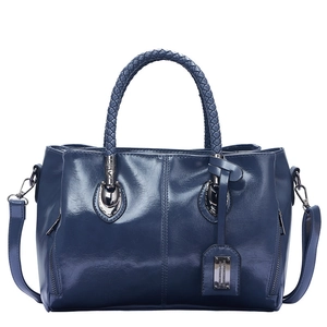 Deep blue woven handle Boston bag in shiny oiled leather with decorative zippers