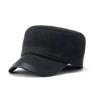 Winter wool flat top army cap with leather brim and warm ear protection for men