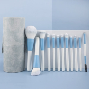 13-piece sky blue professional makeup brush set with elegant portable storage cylinder case