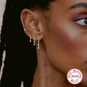 Elegant 925 sterling silver triple chain drop earrings with gold plating and zircons