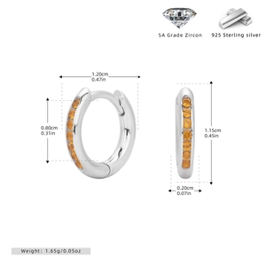 Detailed dimensions of 925 sterling silver hoop earrings with yellow cubic zirconia stones