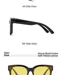 Detail view of large black frame night vision sunglasses with yellow polarized lenses