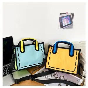 Detail view of 2D comic style canvas tote bags in mint green and bright yellow colors