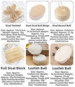 Detail van natuurlijke sisal- en loofah-badkamersponzen in verschillende vormen
