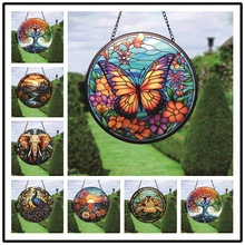 Collage of colorful stained glass suncatchers with metal frames for garden decoration