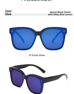 Detail of square polarized sunglasses featuring gloss black frames and deep blue lenses