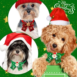 Christmas dog and cat bowties with Santa patterns and festive red plaid design