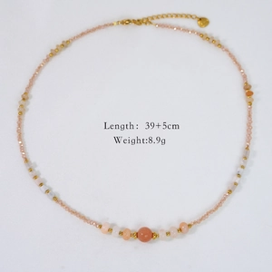 Pink sunstone beaded necklace with 14K gold lobster clasp and size detail 39+5cm
