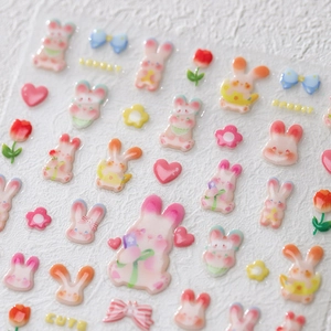 5D Geprägte Nagelsticker Süßer Hase Herz Tulpe Schleife Design 3D Relief Selbstklebend DIY Maniküre Abziehbilder Frauen