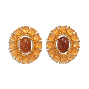 Vintage oval amber glass earrings with golden metal frame and yellow bead embellishments