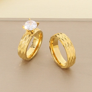 18K gold plated 6mm zircon stainless steel ring set with diamond pattern texture
