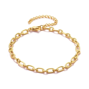 Close-up of 18K gold-plated stainless steel cross chain bracelet with lobster clasp