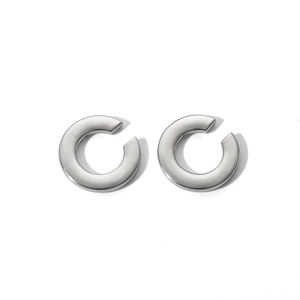 Detailed view of silver-tone polished C-shaped stainless steel clip-on earrings