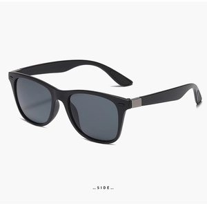 Side view of classic black polarized sports sunglasses with silver metal temple details