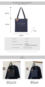 Tabella taglie dettagliata e specifiche della borsa tote in tela denim nera e blu