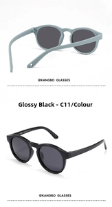 Detail view of round silicone baby sunglasses with model number S 8308 on inner temple