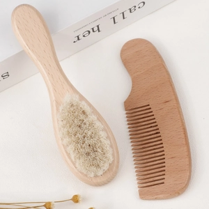 Natural wool baby hairbrush and wooden comb set for gentle infant scalp care
