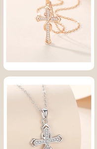 Detail of s925 silver cross pendant with rose gold accents and pavé cubic zirconia