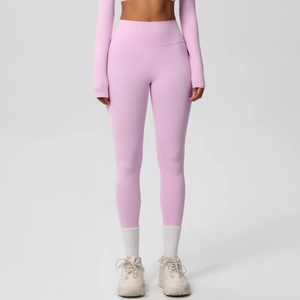 Detailed front view of women's lilac high-waisted yoga set with long sleeve crop top