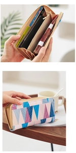 Macro shot of colorful geometric long wallet showing multi-slot interior and gold zipper