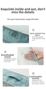 Detail of travel organizer featuring breathable mesh, smooth zipper, and comfortable handle