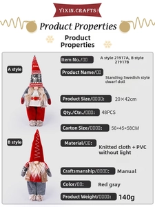 Detail view of handmade 42cm standing Swedish gnome doll in red and grey knitted fabric