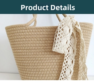 Detailed close-up of khaki woven cotton rope tote bag with elegant white lace ribbon