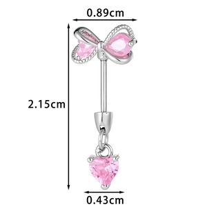 Pink heart bow belly piercing silver screw stud with dimensions 0.89cm by 2.15cm