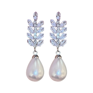 Elegant wheat leaf silver earrings with sparkling zircon and drop pearl pendant