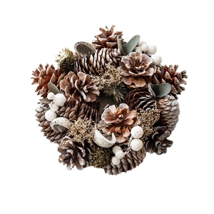Natural pine cone Christmas wreath with white snowballs and dried forest elements