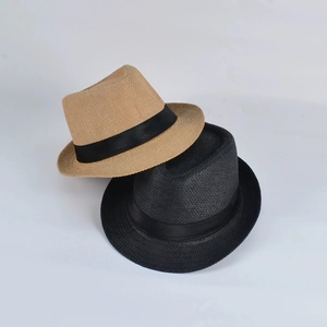 Classic men's summer straw fedora hats in tan and black with black ribbon bands