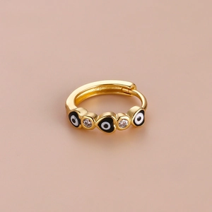 Bohemian gold heart earrings with black evil eye pattern and sparkling zircons
