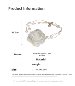 Detailed size chart for triple-layer pearl choker with white fabric flower detail