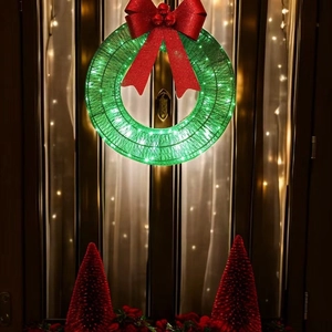 Lighted Christmas Wreath Glitter Bow LED Warm Lights Metal Frame Festive Wall Hanging Holiday Decor