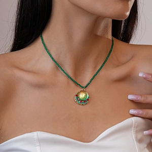 Bohemian green resin beaded necklace with a colorful round pendant for women