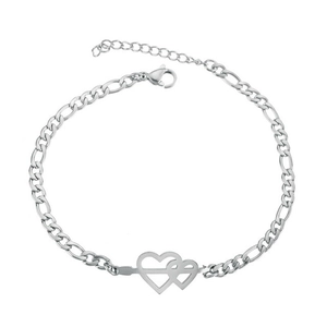 Detail of silver titanium steel Figaro chain bracelet with interlocking double heart charm
