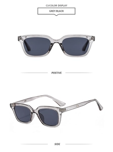 Close-up detail of grey transparent square sunglasses frame with dark lenses