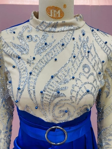 Detail of high neck mesh bodice with silver sequins and blue pearl accents on evening gown