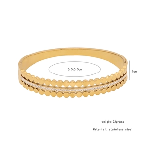 Detailed specs of hollow double-layer gold bangle with crystals and stainless steel