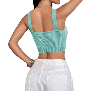 Y2K sporty lake blue knitted crop tank top for women shown from a back view profile