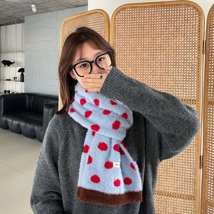 Cozy blue scarf with red polka dots and brown trim, plush winter neck warmer for women