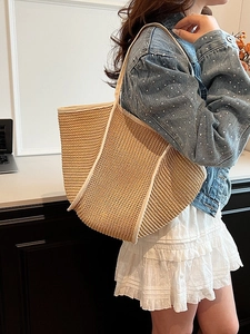Large capacity straw woven tote bag with white trim for women stylish summer beach shoulder bag