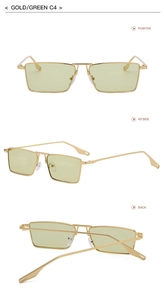 Three-view layout of retro rectangular metal sunglasses with gold frame and green lenses