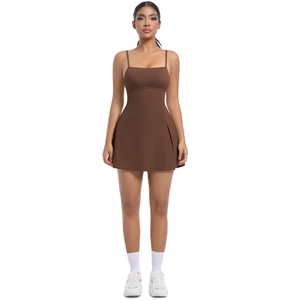 Dark brown athletic tennis dress with adjustable straps and side slit for outdoor yoga