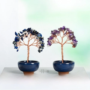 Handmade natural crystal tree decor with lapis and amethyst in ceramic bowls