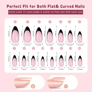 Size chart showing 15 precise dimensions for black and nude French press-on nails