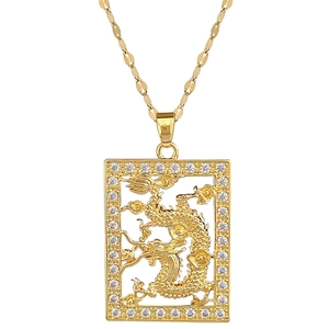 Luxurious gold dragon rectangular pendant necklace with sparkling inlaid rhinestones